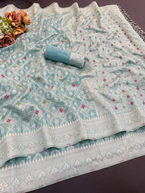 Cotton_Silk_Linen_Saree_beautifully_cotton_saree_featuring_delicate_floral_prints_and_designed_border_daily_wear,_office_Party_Wear_With_tassels_latkan_And_blouse_piece