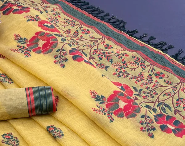 Cotton_Silk_Linen_Saree_beautifully_cotton_saree_featuring_delicate_floral_prints_and_designed_border_daily_wear,_office_Party_Wear_With_tassels_latkan_And_blouse_piece