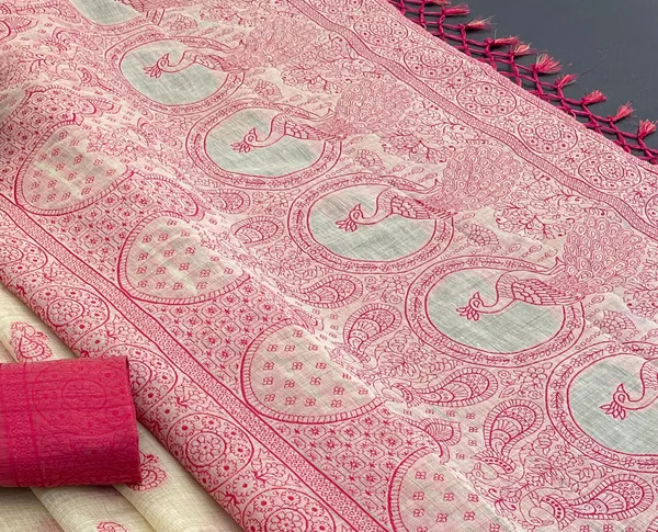 Cotton_Silk_Linen_Saree_beautifully_cotton_saree_featuring_delicate_floral_prints_and_designed_border_daily_wear,_office_Party_Wear_With_tassels_latkan_And_blouse_piece