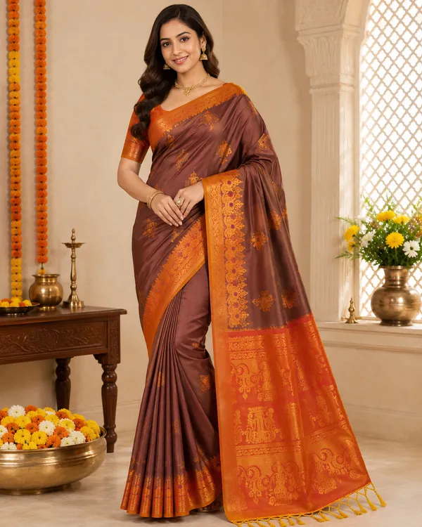 BANARASI_LITCHI_SILK_KANJEEVARAM_SAREE_WITH_TASSELS_AND_LATKAN_WITH_BLOUSE_PIECE
