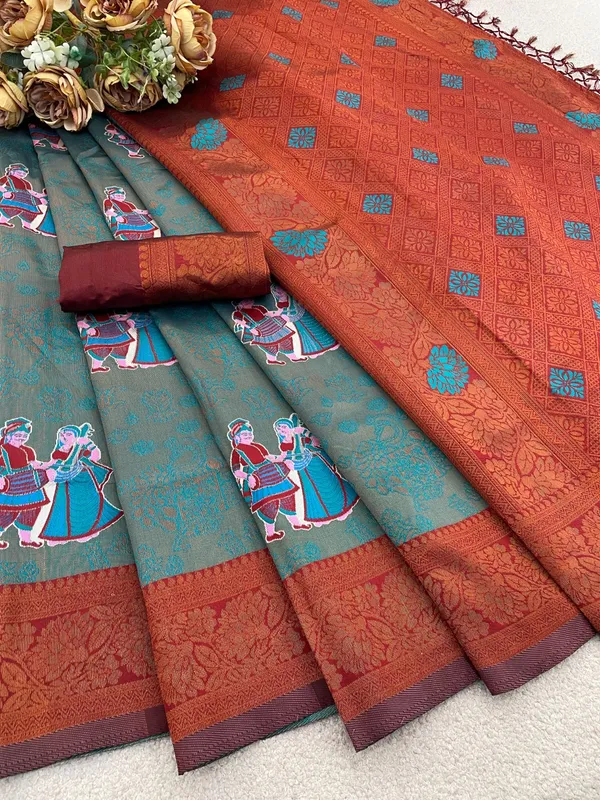 Teal_And_Brown_Banarasi_Art_Silk_Saree_For_Women