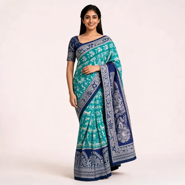 Teal_And_Navy_Banarasi_Art_Silk_Saree_For_Women