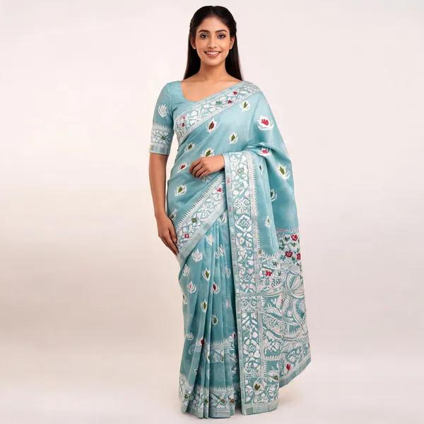 Turquoise_Banarasi_Cotton_Silk_Saree_For_Women