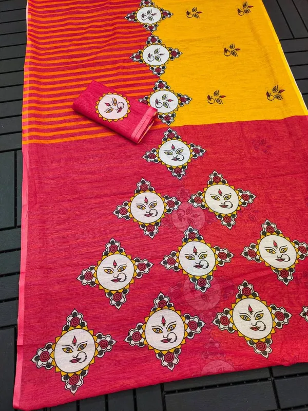 Yellow_And_Pink_Cotton_Linen_Saree_For_Women