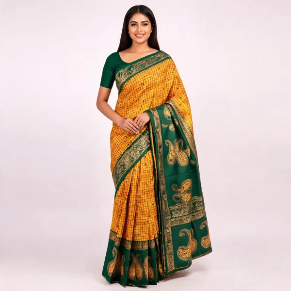 Yellow_And_Green_Kanjeevaram_Banarasi_Silk_Saree_For_Women