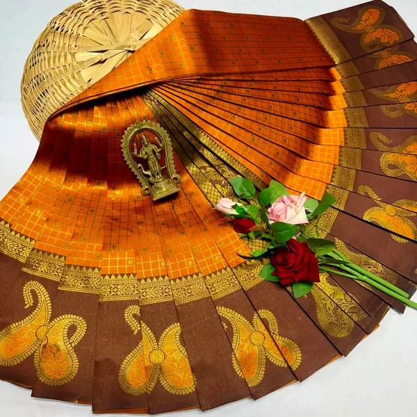 Orange_And_Brown_Kanjeevaram_Banarasi_Silk_Saree_For_Women