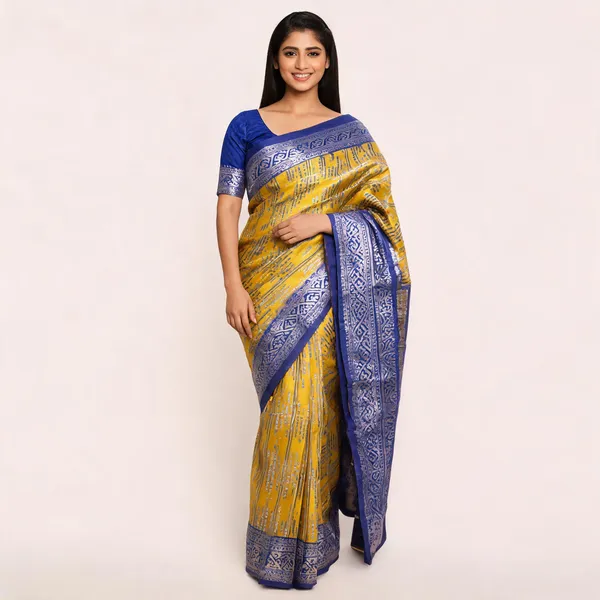 Gold_And_Blue_Kanjeevaram_Banarasi_Silk_Saree_For_Women
