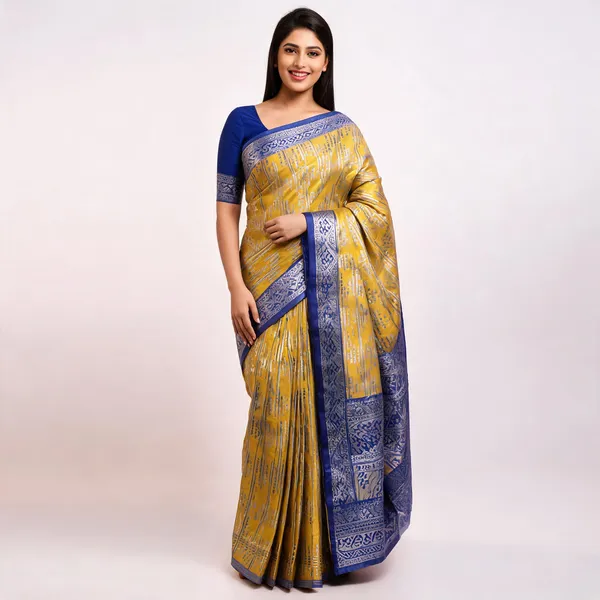 Gold_And_Blue_Kanjeevaram_Banarasi_Silk_Saree_For_Women