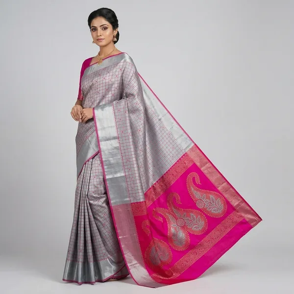 Grey_And_Pink_Kanjeevaram_Banarasi_Silk_Saree_For_Women