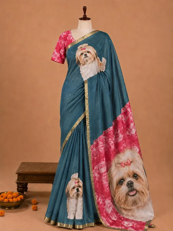 Teal_And_Red_Cotton_Linen_Saree_For_Women