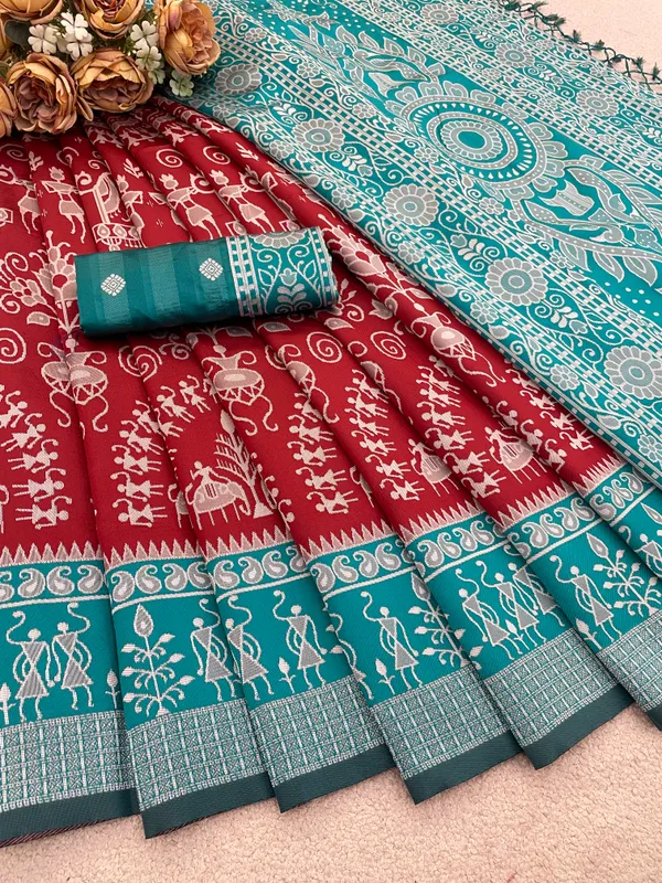 Red_And_Teal_Banarasi_Art_Silk_Saree_For_Women