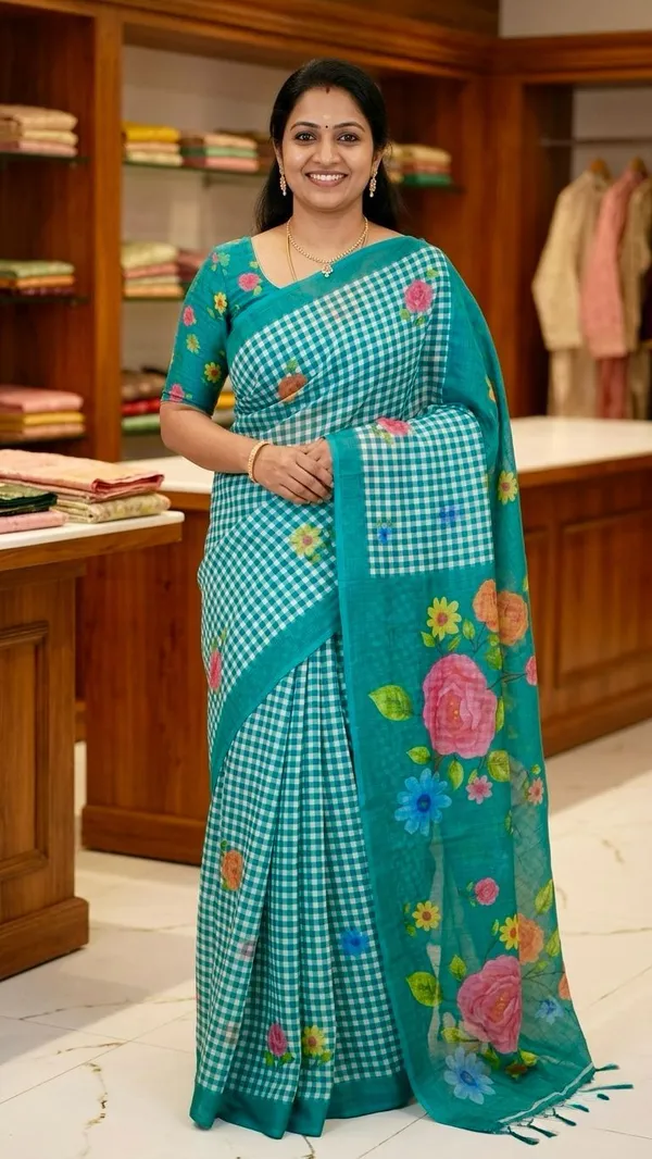 Turquoise__Cotton_Linen_Saree_For_Women