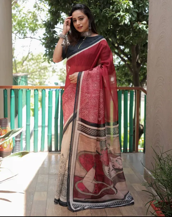 Red_And_Black_Cotton_Linen_Saree_For_Women