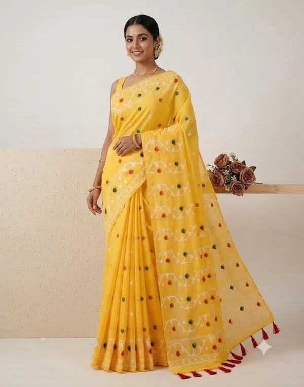 Banarasi_silk_saree_featuring_woven_motifs_and_a_beautifully_detailed_pallu_and_party_wear,_tridtional,festive_perfet_with_blouse_piece_and_tassels_latkan