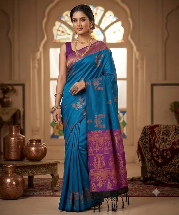 Banarasi_Kanjeevaram_Silk_Saree_with_Rich_Zari_Weaving_and_festive_and_wedding_wear_And_Party_Wear_collection_With_Tassels_Latkan_And_Blouse_Piece