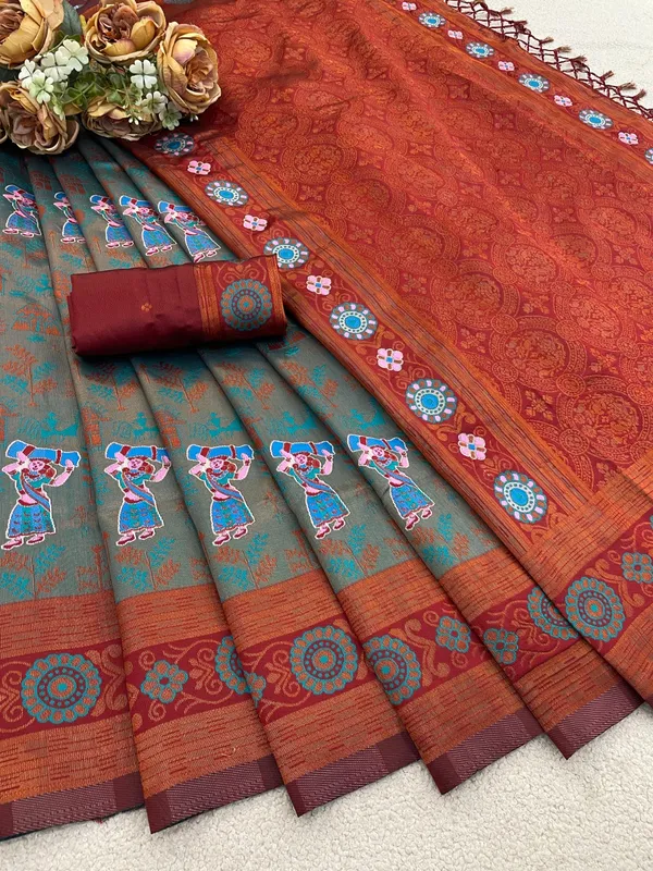 Turquoise_And_Brown_Banarasi_Art_Silk_Saree_For_Women