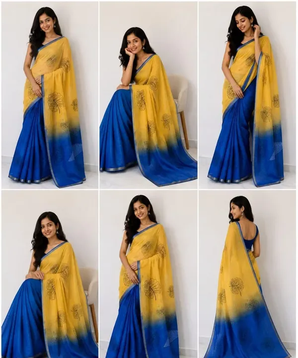 Yellow_And_Blue_Cotton_Linen_Saree_For_Women
