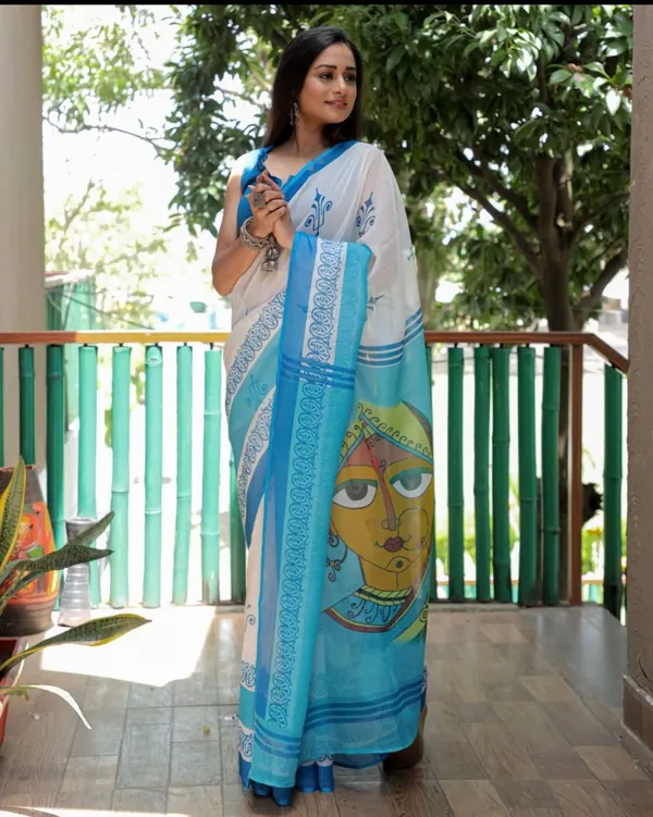 Blue_And_White_Cotton_Linen_Saree_For_Women
