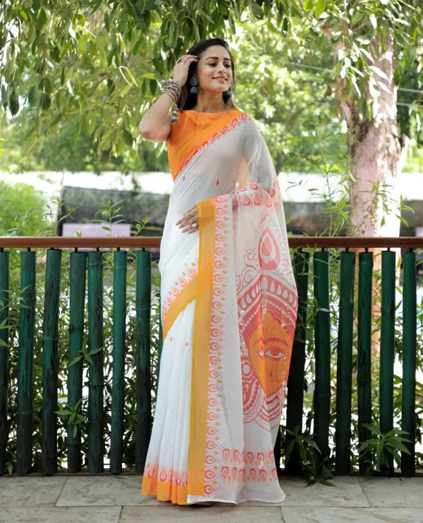 White_And_Yellow__Cotton_Linen_Saree_For_Women