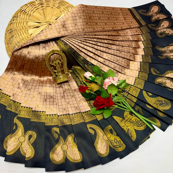 Peach_And_Black_Kanjeevaram_Banarasi_Silk_Saree_For_Women