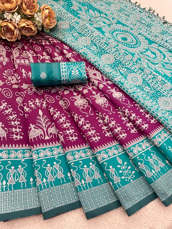 Teal_And_Maroon_Banarasi_Art_Silk_Saree_For_Women