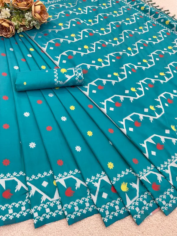 Turquoise_Soft_Kanchipuram_Litchi_Korvai_Silk_Saree_For_Women