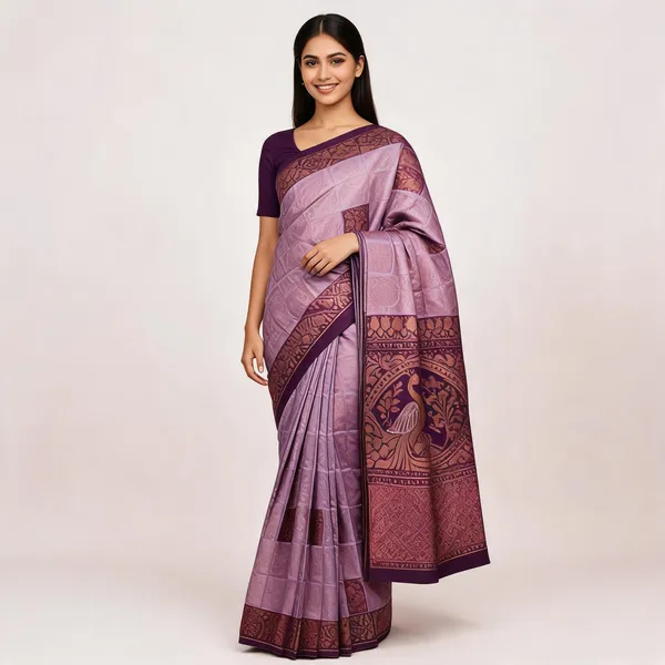 Peach_And_Brown_Kanjeevaram_Banarasi_Silk_Saree_For_Women