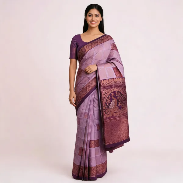 Peach_And_Brown_Kanjeevaram_Banarasi_Silk_Saree_For_Women