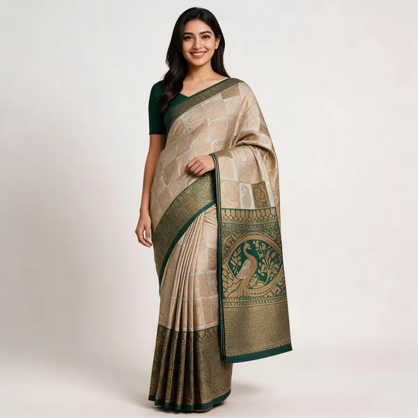 Beige_And_Green_Kanjeevaram_Banarasi_Silk_Saree_For_Women