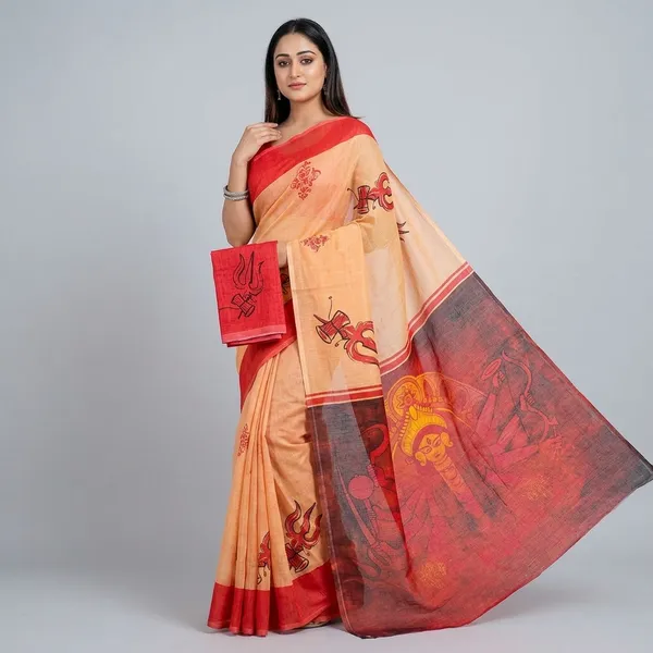Beige_And_Red_Cotton_Linen_Saree_For_Women