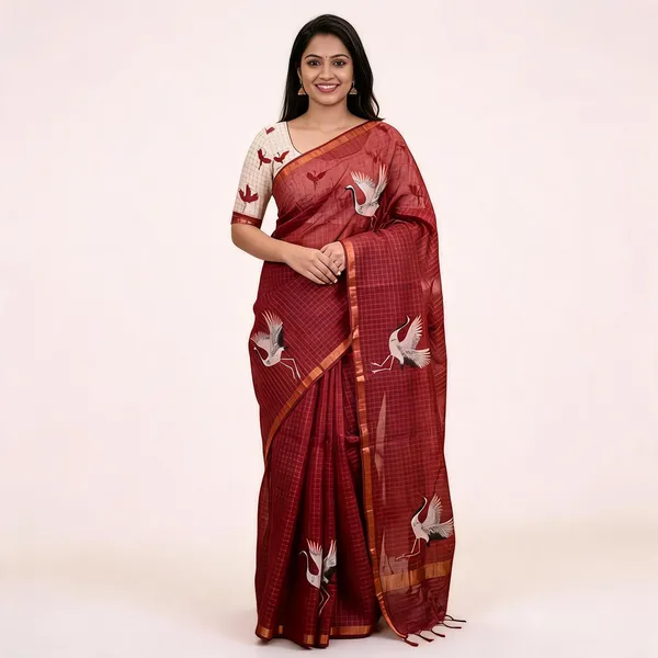 Maroon_Cotton_Linen_Saree_For_Women
