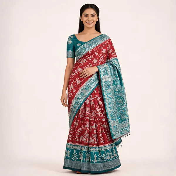 Red_And_Teal_Banarasi_Art_Silk_Saree_For_Women