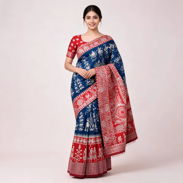 Navy_Blue_And_Red_Banarasi_Art_Silk_Saree_For_Women