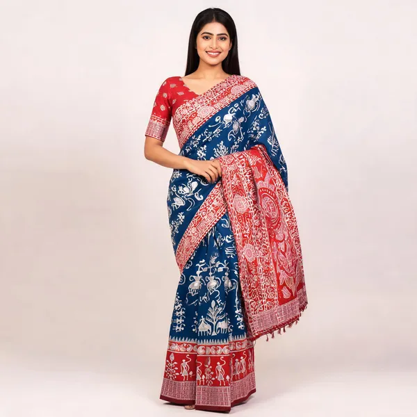 Navy_Blue_And_Red_Banarasi_Art_Silk_Saree_For_Women