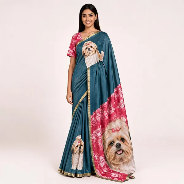 Teal_And_Red_Cotton_Linen_Saree_For_Women