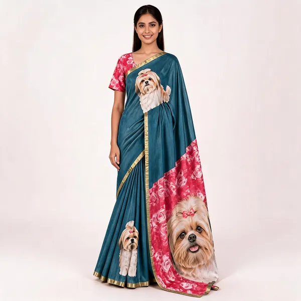 Teal_And_Red_Cotton_Linen_Saree_For_Women