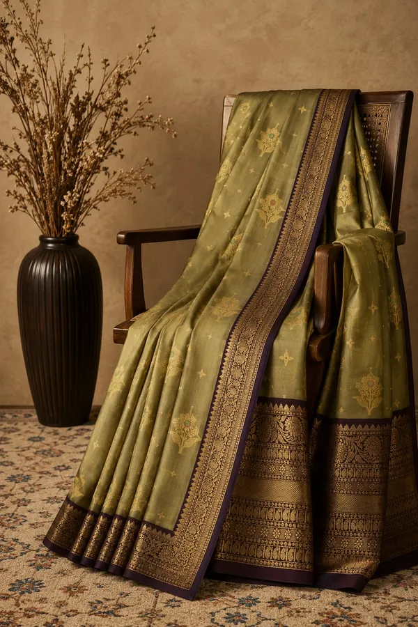 Mehamdi_Banarasi_Silk_Saree_with_kanjivaram_Silver_Zari_Motifs_and_Border_Party_wear_with_tassels_and_latkans_With_blouse_piece