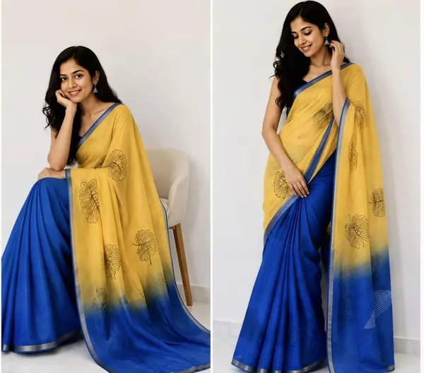 Yellow_And_Blue_Cotton_Linen_Saree_For_Women