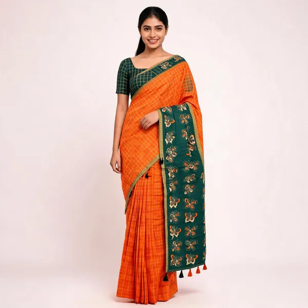 Orange_And_Green_Cotton_Linen_Saree_For_Women