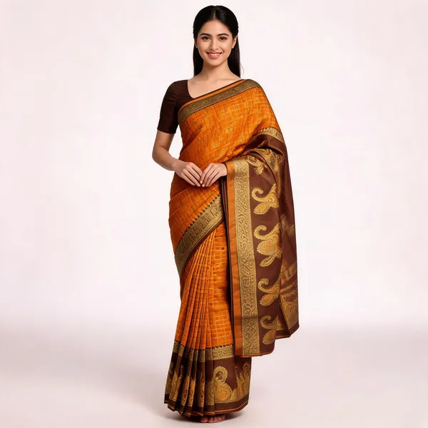Orange_And_Brown_Kanjeevaram_Banarasi_Silk_Saree_For_Women