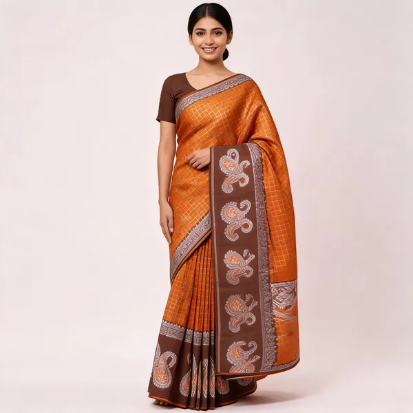 Orange_And_Brown_Kanjeevaram_Banarasi_Silk_Saree_For_Women