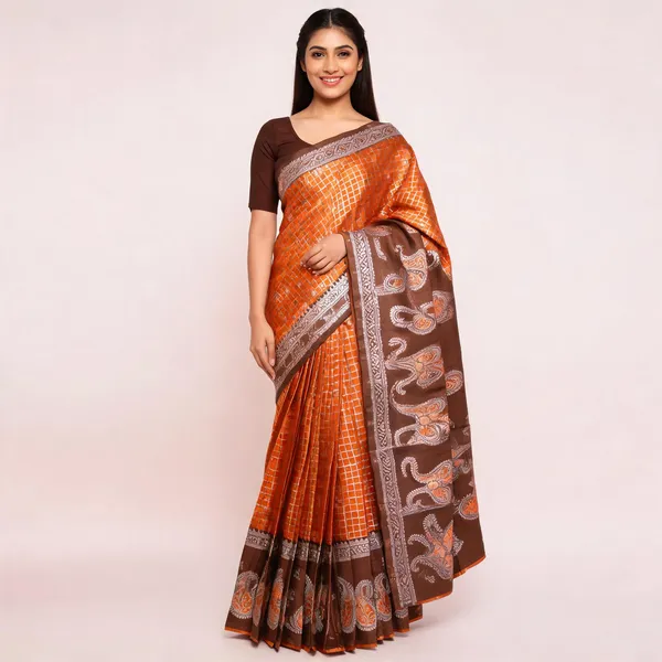Orange_And_Brown_Kanjeevaram_Banarasi_Silk_Saree_For_Women