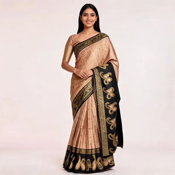 Peach_And_Black_Kanjeevaram_Banarasi_Silk_Saree_For_Women