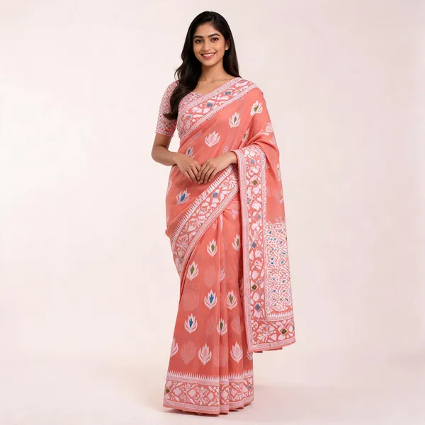 Peach_Banarasi_Cotton_Silk_Saree_For_Women