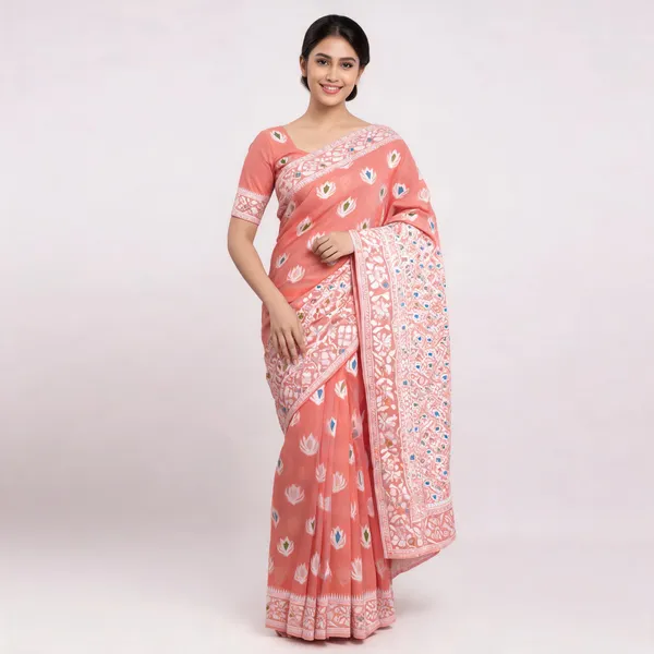 Peach_Banarasi_Cotton_Silk_Saree_For_Women