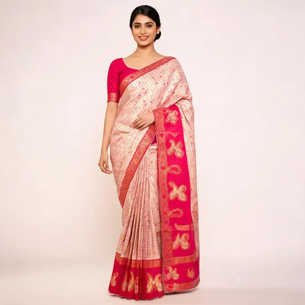 Beige_And_Pink_Kanjeevaram_Banarasi_Silk_Saree_For_Women