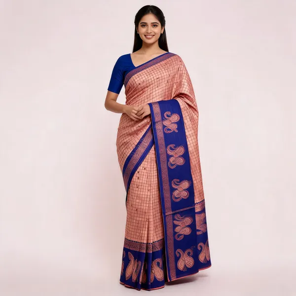 Peach_And_Blue_Kanjeevaram_Banarasi_Silk_Saree_For_Women