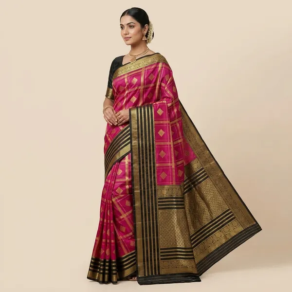 Pink_And_Black_Lightweight_Soft_Kanjeevaram_Silk_Saree_For_Women