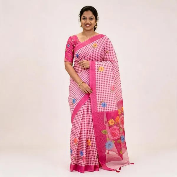 Pink__Cotton_Linen_Saree_For_Women