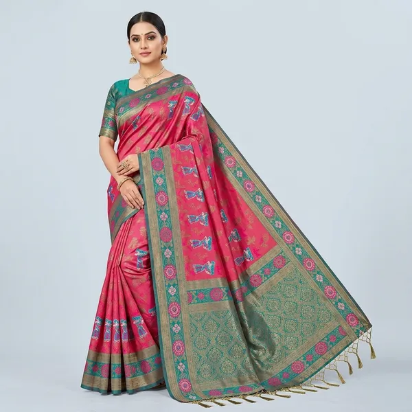 Pink_And_Teal_Banarasi_Art_Silk_Saree_For_Women